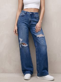 Outzidr - Black Knee And Thigh Distressed Baggy Jeans
