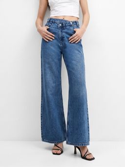 Outzidr - Blue High-Rise Asymmetric Waist Wide Jeans