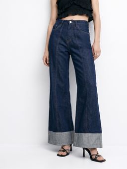 Outzidr - Dark Blue Folded Hem Wide Leg Jeans
