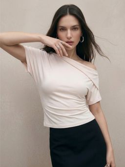 Outzidr - Cream One Shoulder Top With Button Detail At The Sleeve