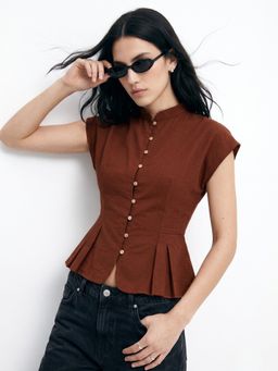 Outzidr - Brown Waist Fitted Front Buttoned Top