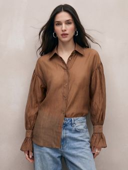 Outzidr - Brown Flowy Shirt With Cupped Sleeves
