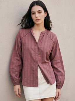 Outzidr - Mauve Relaxed Fit Long Sleeves Embroidered Shirt