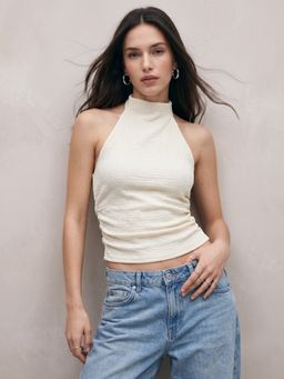 Outzidr - Cream High Neck Semi Cowl Crop Top