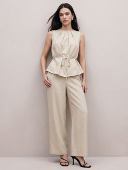 Outzidr - Cream Round Neck Pleated Co-Ord Set