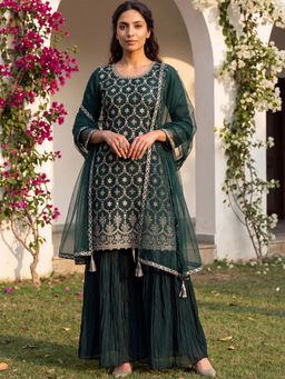 Vaamsi - Women Green Silk Blend Embroidered Straight Kurta Sharara with Dupatta (Set of 3)