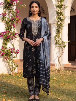 Vaamsi - Women Black Rayon Printed Yoke Design Straight Kurta Pants with Dupatta (Set of 3)