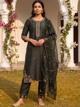 Vaamsi - Women Olive Silk Blend Floral Kurta with Pant and Dupatta (Set of 3)