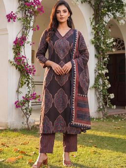 Vaamsi - Black Printed Straight Kurta and Pant with Dupatta