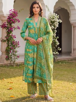 Vaamsi - Green Printed Straight Kurta Palazzos with Dupatta