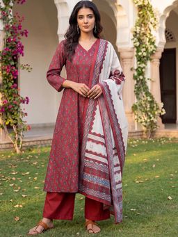 Vaamsi - Maroon Floral Printed A-Line Kurta Palazzos with Dupatta