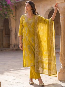 Vaamsi - Women Yellow Viscose Ikat Straight Kurta With Pant & Dupatta