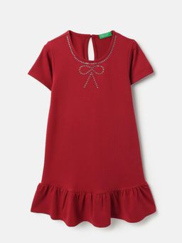 United Colors of Benetton - Round Neck Solid Embellished Bow Interlock Knee Length Dress