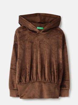 United Colors of Benetton - Hooded Neck Solid Cinched Hem Velour Brown Sweatshirt