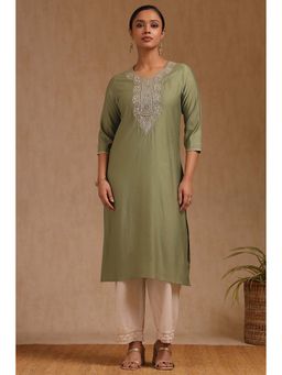 Soch - Womens Sap Green Linen Embroidered Kurta
