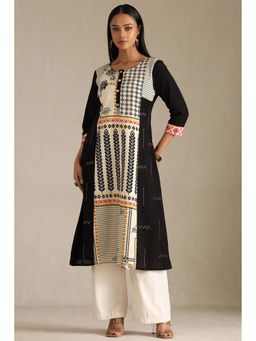 Soch - Womens Black Linen Print Kurta