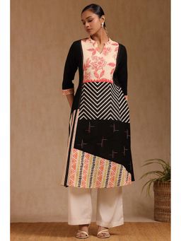 Soch - Womens Black Linen Floral Print Kurta