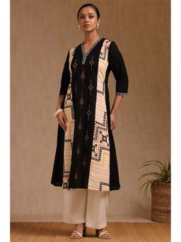 Soch - Womens Black Linen Print Kurta