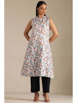 Soch - Womens Multi-Color Linen Floral Print Kurta with Pair Of Unstitched Sleeves