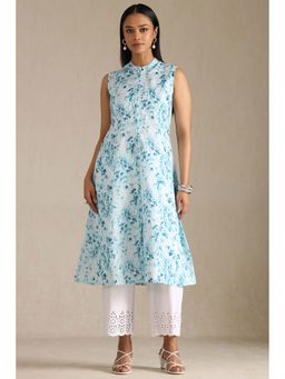 Soch - Womens Powder Blue Linen Floral Print Kurta with Pair Of Unstitched Sleeves