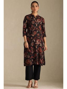 Soch - Womens Black Muslin Floral Print Kurta