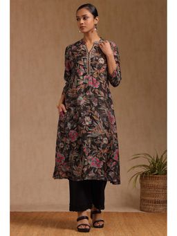 Soch - Womens Black Silk Berry Floral Print Kurta