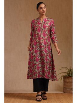 Soch - Womens Fuchsia Silk Blend Floral Print Kurta