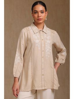 Soch - Womens Beige Rayon Slub Embroidered Shirt