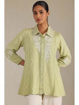 Soch - Womens Sap Green Rayon Slub Embroidered Shirt