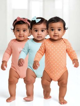 Nuego - Girls Multi-Color Polka Print Full Sleeve Romper (Pack of 3)