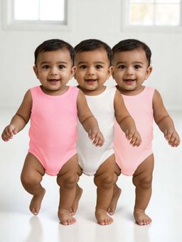 Nuego - Girls Multi-Color Solid Sleeveless Romper (Pack of 3)