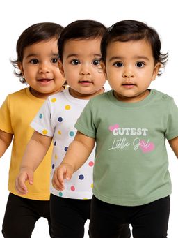 Nuego - Girls Multi-Color Bio Finish Polka Dots Printed Round Neck T-shirt (Pack of 3)