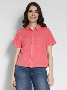 American Eagle - Women Pink Short-Sleeve Button-Up Shirt