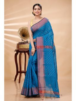 DipDiya - Women Prisha Blue Blended Cotton Bengali Handloom Saree without Blouse