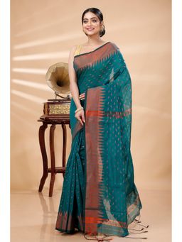 DipDiya - Women Prisha Teal Blended Cotton Bengali Handloom Saree without Blouse
