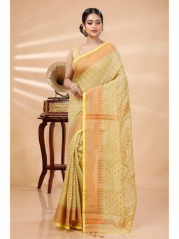 DipDiya - Women Prisha Yellow Blended Cotton Bengali Handloom Saree without Blouse