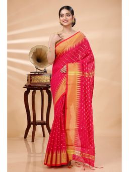 DipDiya - Women Prisha Red Blended Cotton Bengali Handloom Saree without Blouse