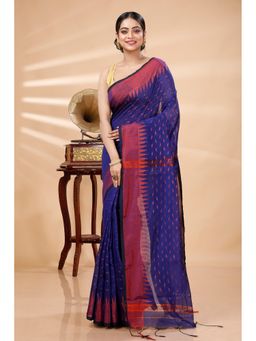 DipDiya - Women Prisha Navy Blue Blended Cotton Bengali Handloom Saree without Blouse
