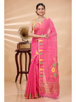 DipDiya - Women Pilu Pink Blended Cotton Traditional Bengali Saree without Blouse