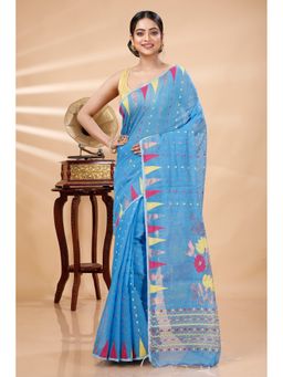 DipDiya - Women Pilu Sky Blue Blended Cotton Traditional Bengali Saree without Blouse