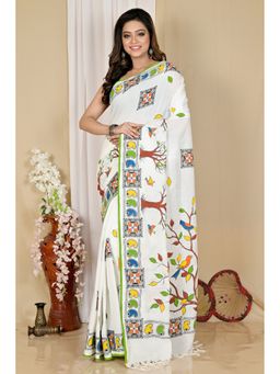 DipDiya - Women Asu White Pure Cotton Bengali Saree with Unstitched Blouse