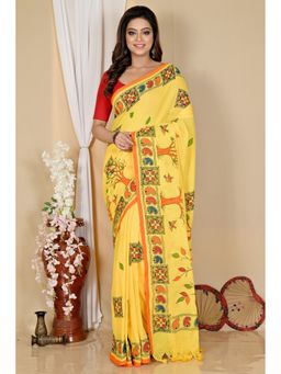DipDiya - Women Asu Yellow Pure Cotton Bengali Saree with Unstitched Blouse