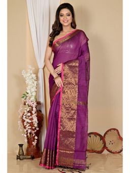 DipDiya - Women Asta Purple Cotton Silk Bengali Handloom Saree without Blouse