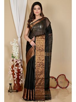 DipDiya - Women Asta Black Cotton Silk Bengali Handloom Saree without Blouse