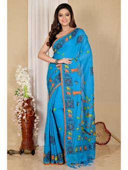 DipDiya - Women Asu Blue Pure Cotton Bengali Saree with Unstitched Blouse