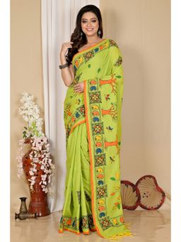 DipDiya - Women Asu Green Pure Cotton Bengali Saree with Unstitched Blouse
