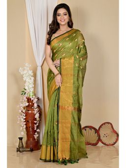 DipDiya - Women Slabaka Moli Dark Green Blended Cotton Bengali Saree without Blouse