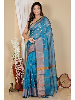 DipDiya - Women Slabaka Moli Blue Blended Cotton Bengali Saree without Blouse