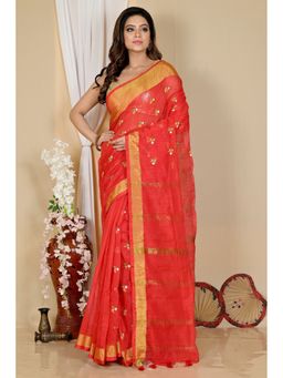 DipDiya - Women Slabaka Moli Red Blended Cotton Bengali Saree without Blouse