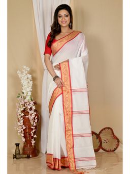 DipDiya - Women Nova White Pure Cotton Traditional Bengali Saree without Blouse